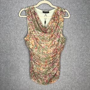 Cable Gauge Blouse Womens Medium Green Floral Tank Top Mesh Ruched Career Church